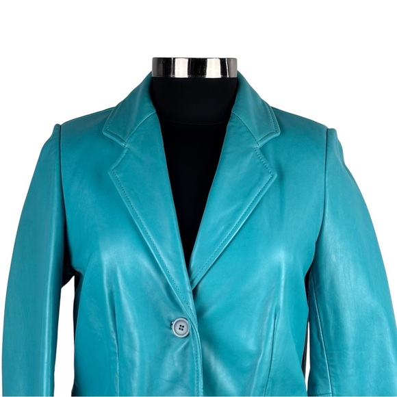 BERNARDO Y2K TEAL OVERSIZE LEATHER BUTTON DOWN BLAZER JACKET CAR COAT - Picture 9 of 16